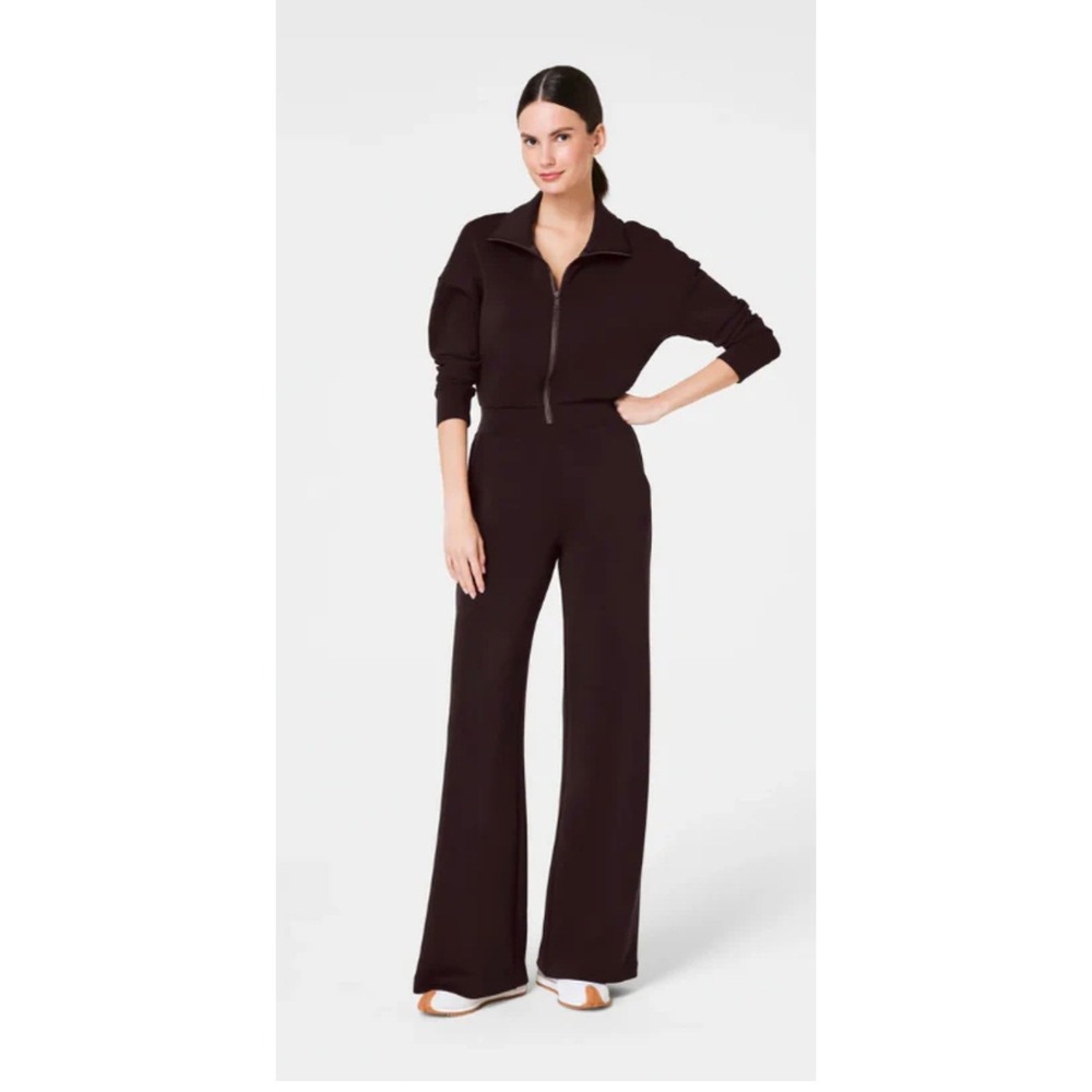 Spanx AirEssentials Long Sleeve Wide Leg Jumpsuit Espresso Brown Half Zip Medium